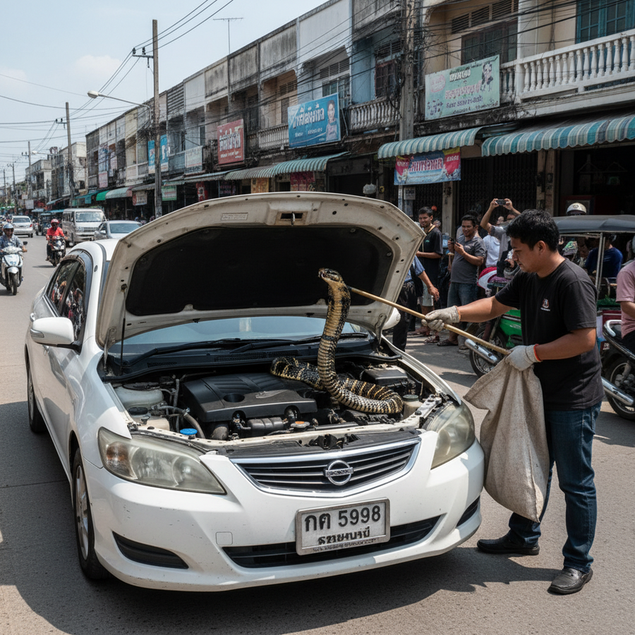 車から3mの巨大キングコブラ！ナンバープレートに幸運の予感