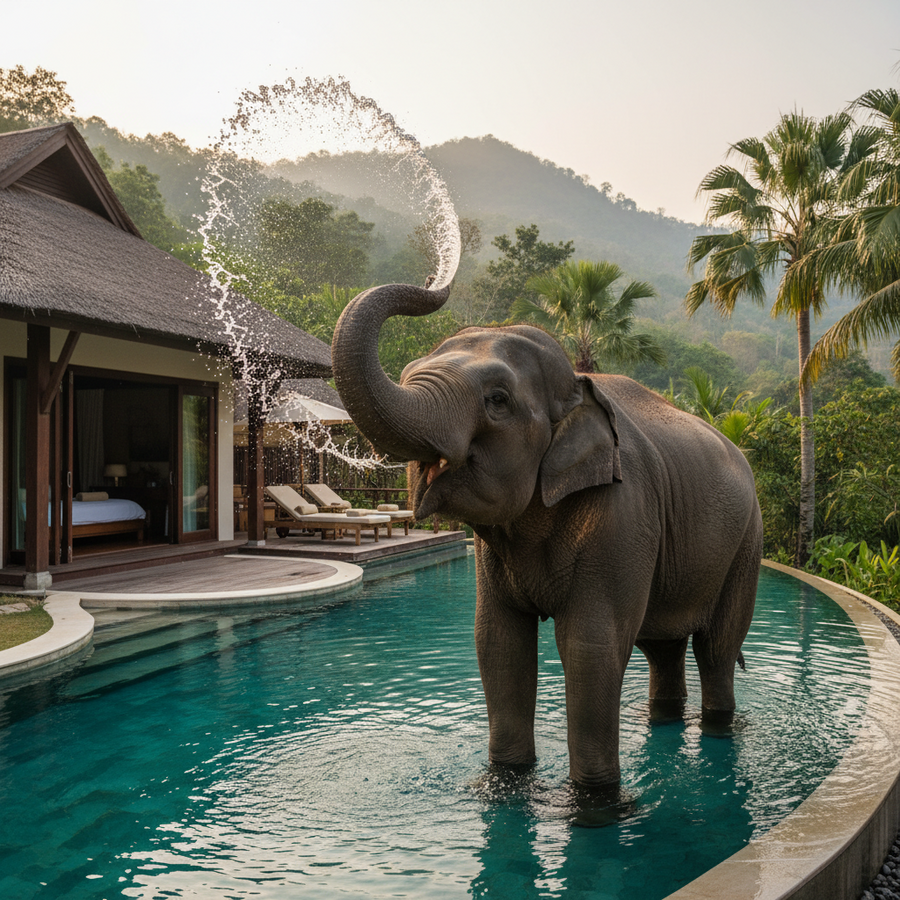 カオヤイの珍客！プールヴィラに野生のゾウが出現